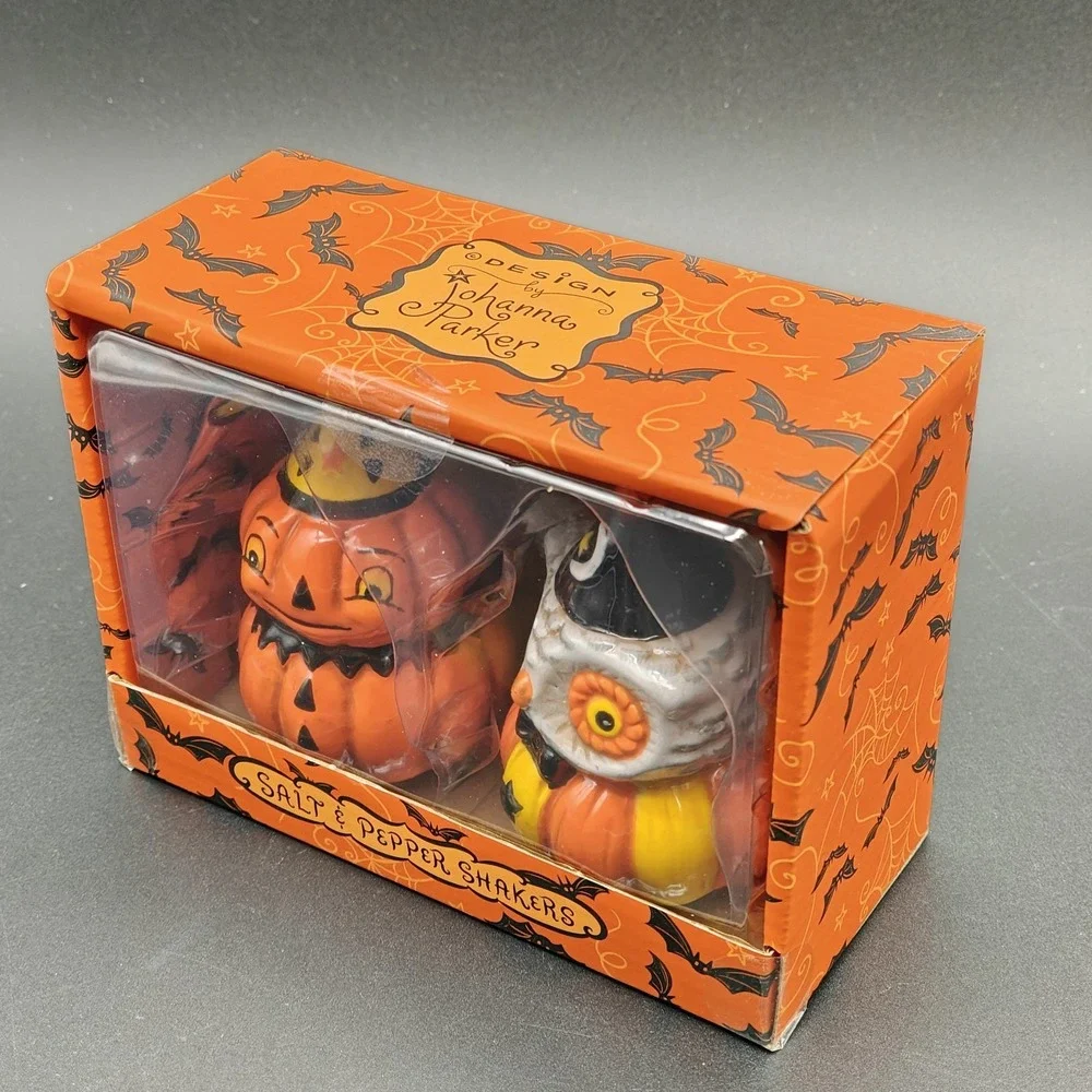 Johanna Parker Halloween Pumpkin Owl Salt & Pepper Shakers Ceramic Set NEW